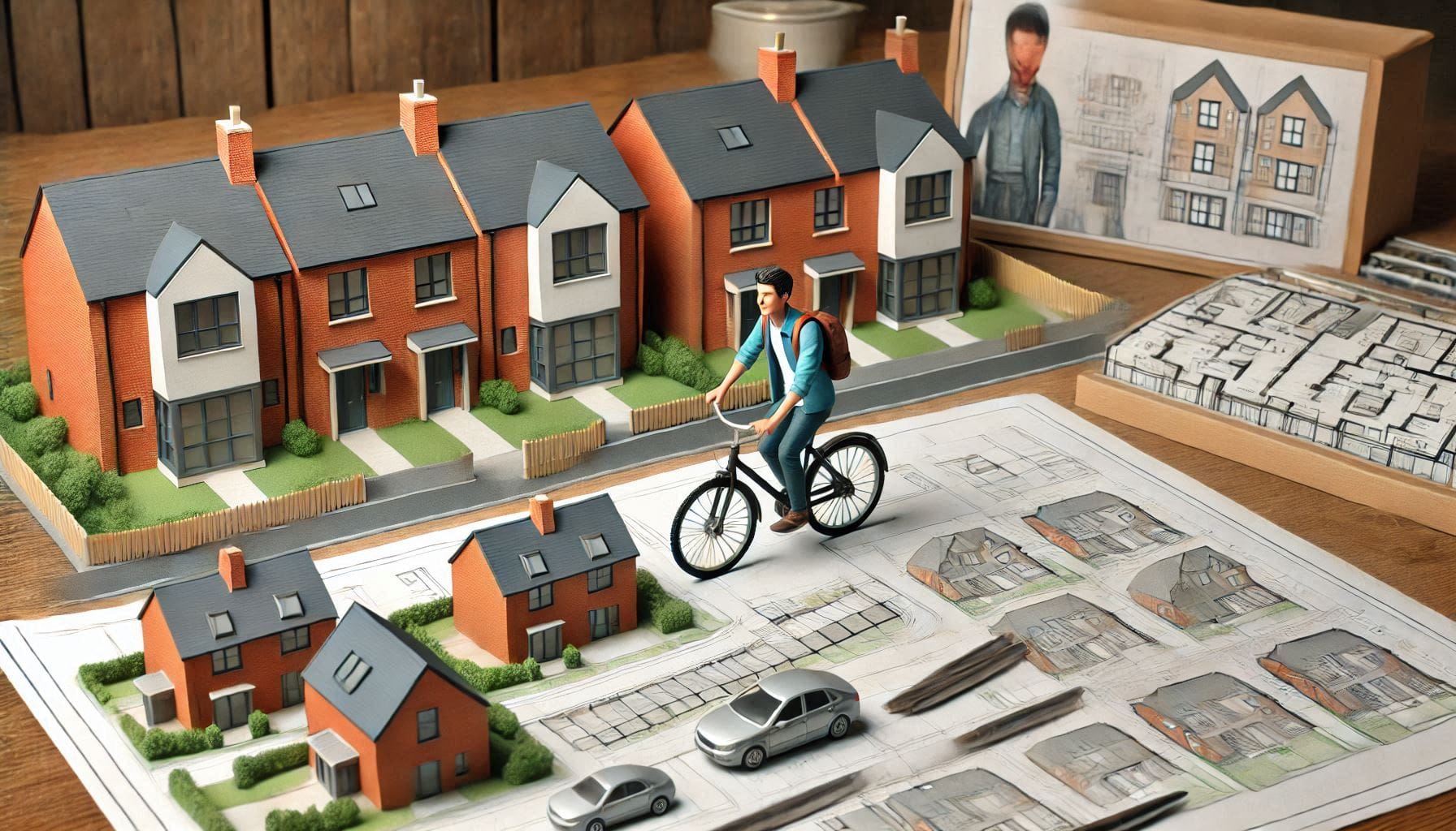 Blueprints and models of a uk modern housing development with a cyclist riding through the site